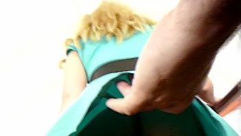 Ut_1467# A girl in a short green dress in hot teen upskirt video. I've risen the edge of her skirt u