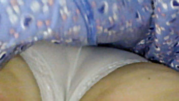 Ut_2318# Blondie in wide blue sundress. Cool round bum in white panties in close-up. It is possible 