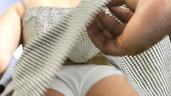 Ut_2429# Chic cutie in grey sundress. Our cameraman made voyeur upskirt pictures of her well-tanned 
