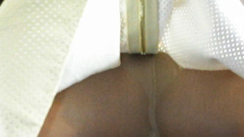 Ut_2758# Brunette in a wide yellow skirt. Our operator lifted her skirt and photographed close-up of