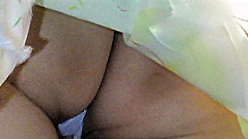 Ut_2002# Woman in wide white dress. It is easy to make exciting upskirt panties pics on escalator in